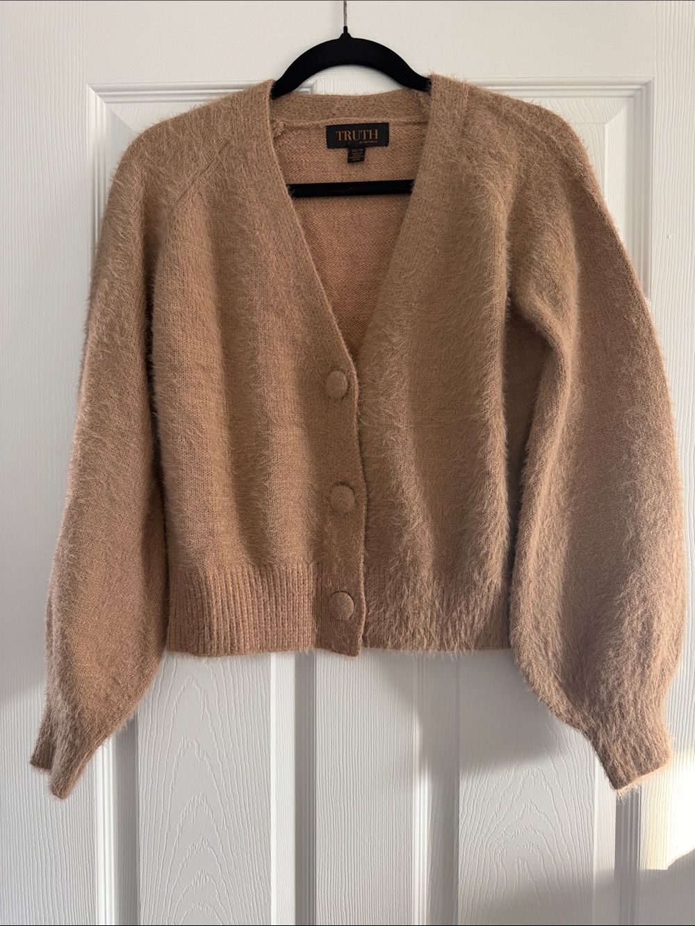 TRUTH Taupe Fuzzy Button-Front V-Neck Cardigan
